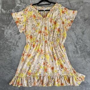 Lauren Conrad Plus 2X Yellow Floral Chiffon Mini Ruffle Dress Cottagecore Boho